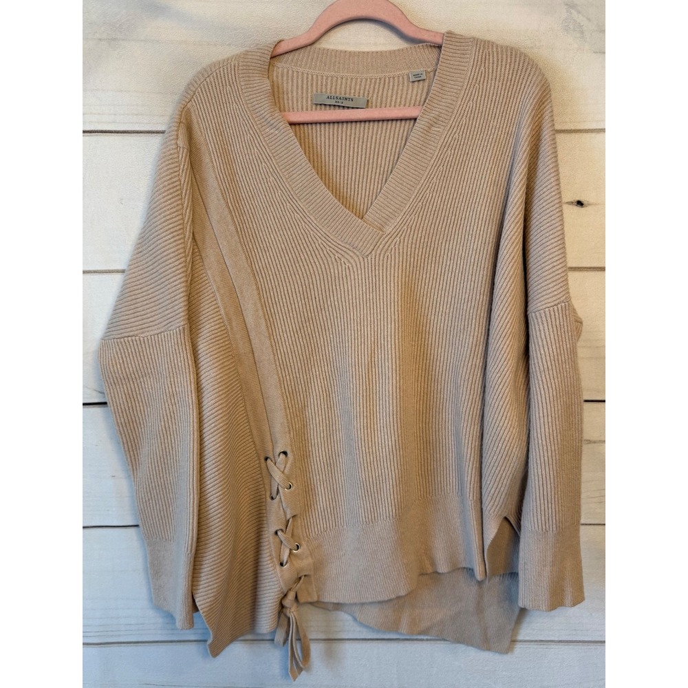 AllSaints Able Laced Jumper Beige Wool Cashmere Ribbed V-Neck Sweater XS/S